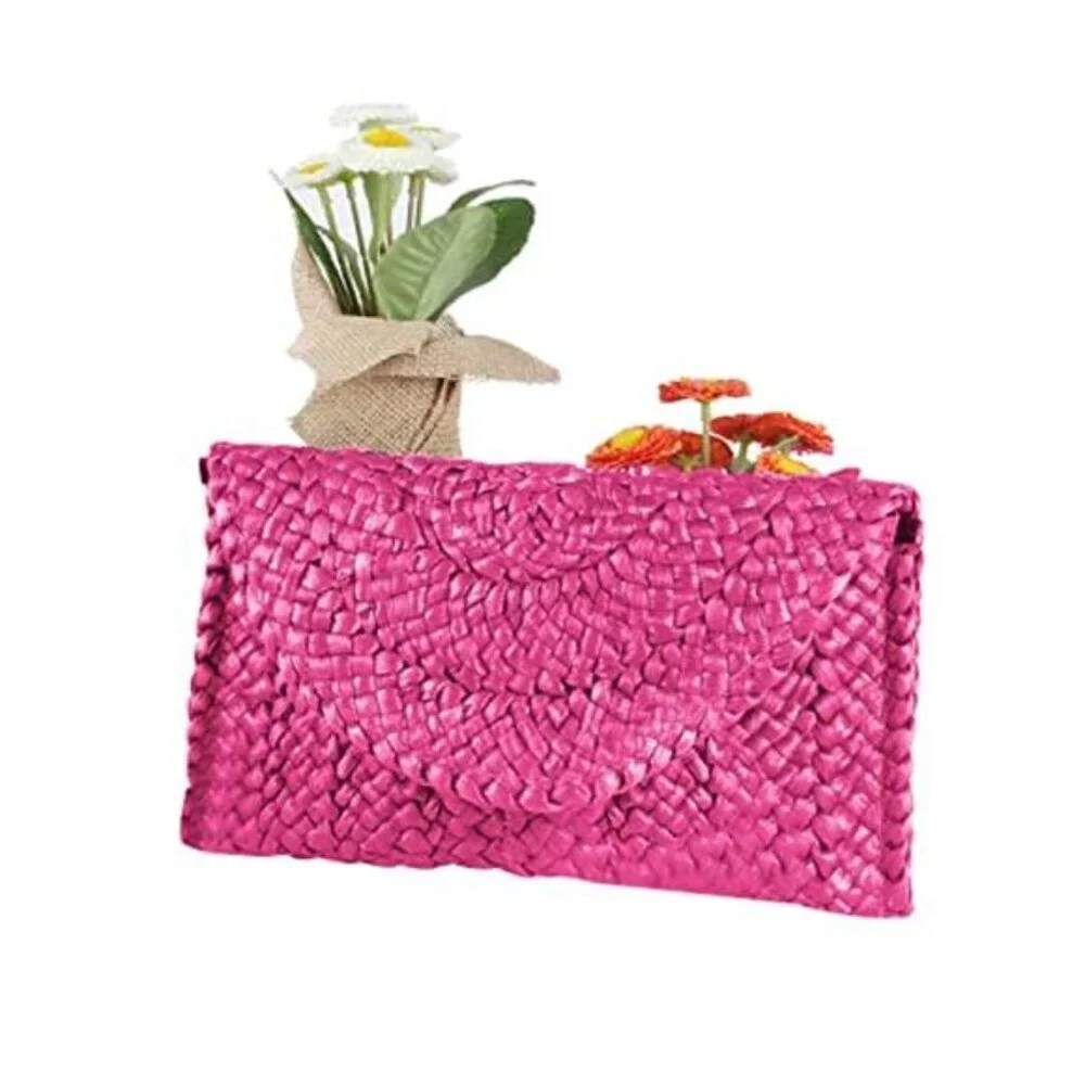 Woven Straw Clutch Bag Envelope Summer Beach Purse Women Pink